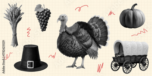 Thanksgiving Day symbols set isolated retro halftone dotted cut-out collage elements turkey pumpkin pilgrim hat grapes wheat bundle covered wagon seasonal greeting template poster mixed media design