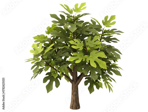 A vibrant green fig tree with large, lobed leaves and a textured brown trunk, isolated on transparent background