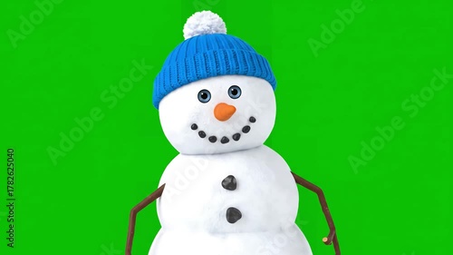 Winter Animation with funny snowman in blue cap greeting hand and smiling on snowfall background beautiful 3d cartoon green screen alpha matte animated card new years eve 4k ultra hd 3840x2160