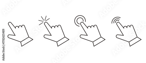 Cursor arrow hand pointer, click here mouse load symbol. Pointer cursor and loading icon. Cursors icons click set. Touch screen symbol, pointer sign and symbol.