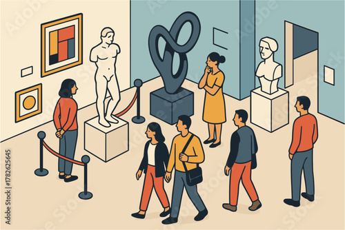 Visitors exploring modern art gallery with sculptures and paintings