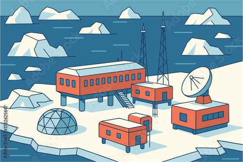 Polar research station landscape with icy ocean and satellite dish in flat design