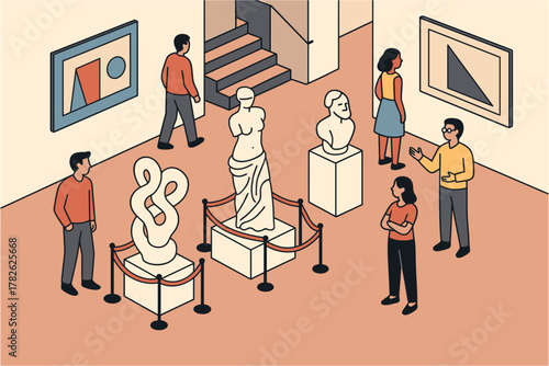 Art museum visit with visitors exploring classical sculptures and modern art in minimalist style