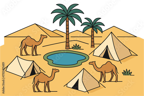 Desert oasis scene with camels and tents in a minimalist style