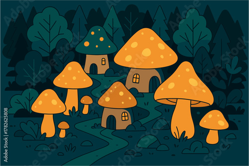 Enchanting mushroom houses in a magical forest at night with pathway and trees
