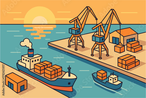 Isometric shipping port at sunset with cargo ships and cranes