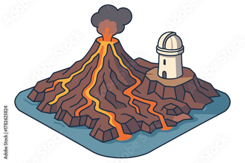 Isometric volcanic eruption with lighthouse on cliffside