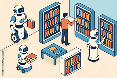 Futuristic library with robots assisting visitors in an isometric design