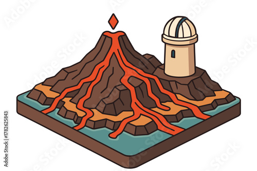 Isometric volcano eruption with observatory on stylized terrain