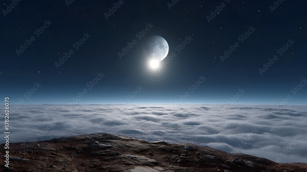 Fototapeta premium A view from a rocky peak over a sea of clouds towards a bright celestial body and stars in the night sky