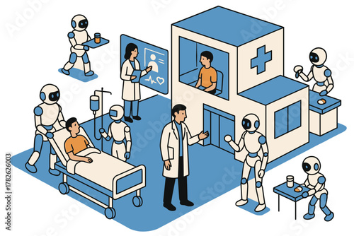 Futuristic healthcare: robots and doctors in a modern hospital setting