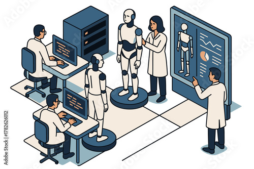 Isometric scene of scientists and engineers developing robotics in a laboratory setting