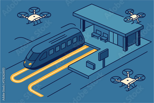 Futuristic urban transport with isometric train and drones