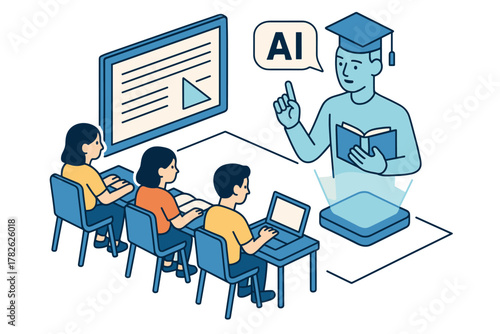 Ai-powered classroom with virtual teacher and engaged students learning with technology