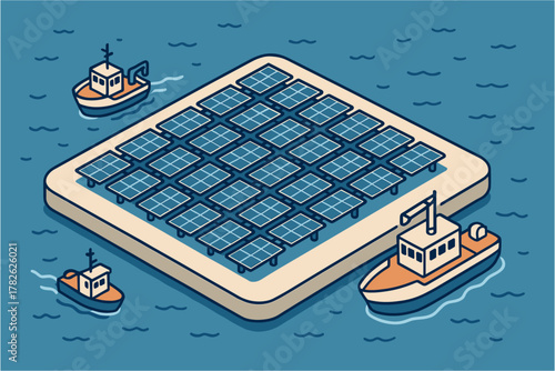 Isometric solar panel farm with boats on ocean background