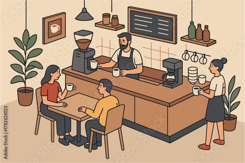 Cozy cafe scene with barista and customers in modern flat design