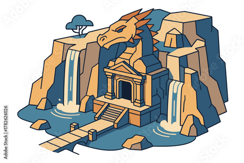 Dragon head temple with cascading waterfalls in isometric fantasy landscape