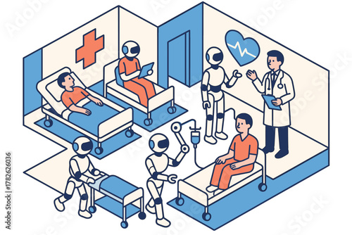 Isometric robot assistants and healthcare professionals in hospital room setting