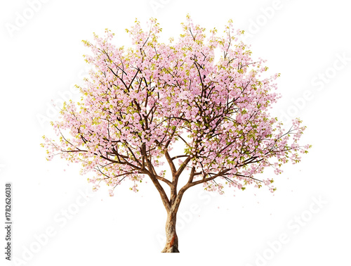 A beautiful blooming cherry blossom tree with delicate pink flowers, isolated on transparent background