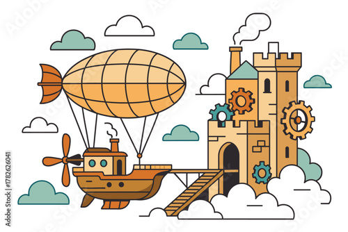 Steampunk airship with castle and gears in a flat minimalist style