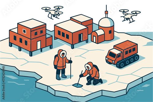 Isometric antarctic research base with scientists and drones exploring icy terrain