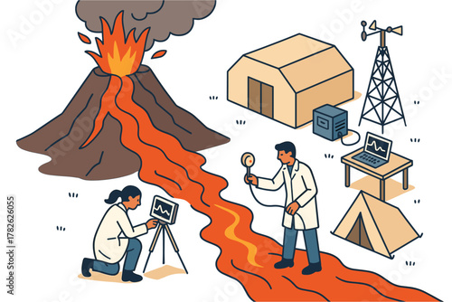 Scientists monitoring volcanic activity with advanced equipment in field research scene