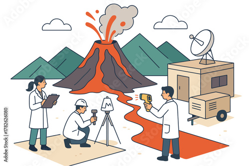 Geologists studying volcano eruption in outdoor research setting with modern equipment