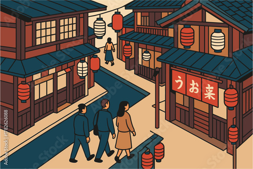 Charming traditional japanese street with lanterns and historic wooden buildings in minimalist style