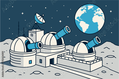 Earth viewed from moon base with telescopes and satellite dish in modern flat design