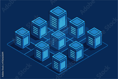 Isometric data server room with blue tones and network grid