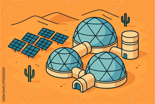 Futuristic desert colony with domes and solar panels in isometric style