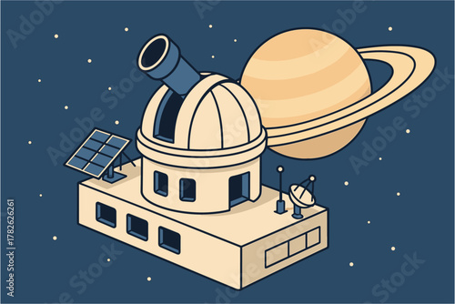Isometric observatory with saturn in space