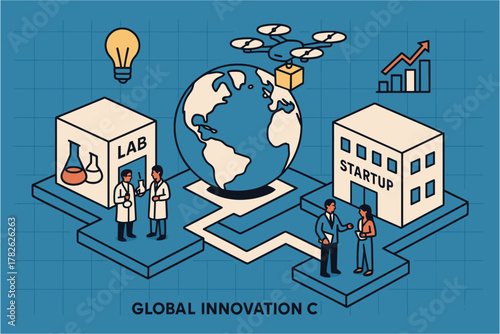 Global innovation and technology concept with lab and startup connections