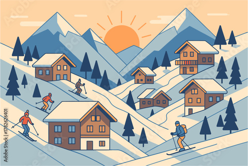 Winter mountain landscape with skiers and cabins under sunrise in flat design
