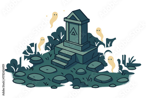 Cartoon graveyard with ghosts: halloween spooky scene featuring tombstone and spirits