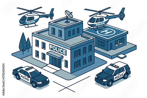 Isometric police station with helicopters and cars in urban setting