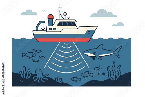 Fishing boat with sonar waves detecting marine life under the sea