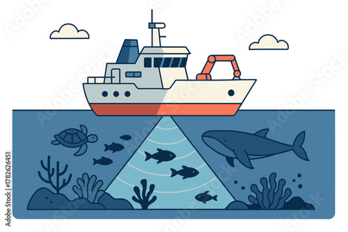 Marine exploration with fishing boat and sea life in flat design