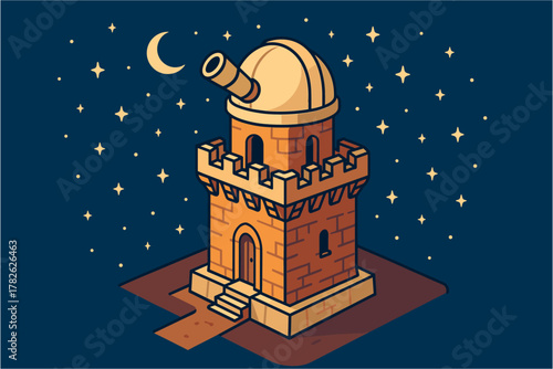 Cartoon observatory with telescope under starry night sky