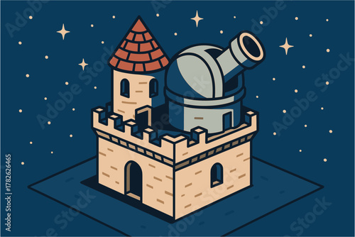 Medieval observatory with telescope on starry night in isometric style