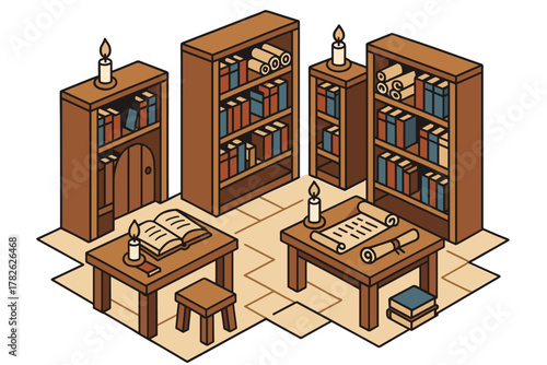 Cozy isometric library interior with books, shelves, and candlelit ambiance