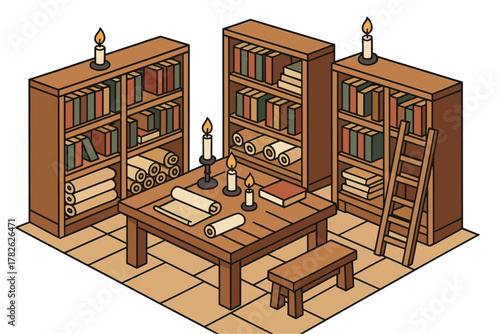 Cozy medieval library with candlelit bookshelves and scrolls in isometric style