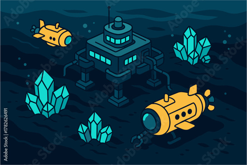 Isometric ocean scene with submarines and underwater base