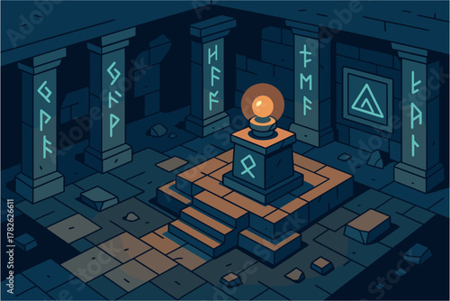 Mysterious ancient temple with glowing light in isometric style