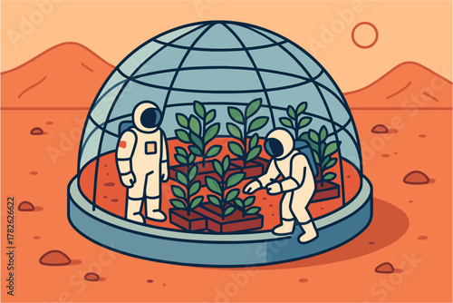 Astronauts cultivating plants on mars in a geodesic dome