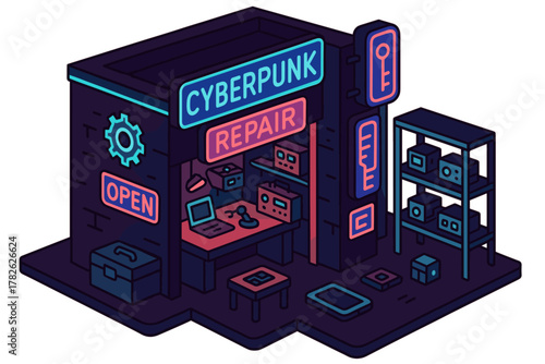 Neon cyberpunk repair shop in isometric style with futuristic technology