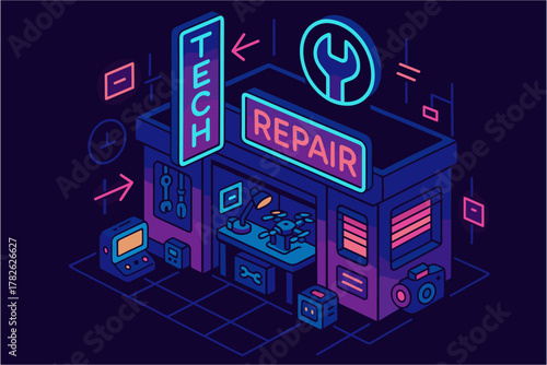 Futuristic tech repair shop with isometric neon elements in dark theme