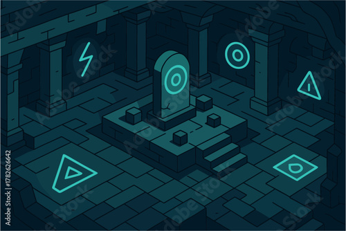 Mysterious ancient temple chamber with glowing symbols in isometric design