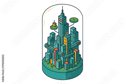 Futuristic isometric city in a glass dome with skyscrapers and elevated railways
