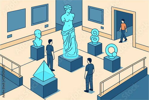 Isometric art gallery interior with classical sculptures and visitors exploring exhibits